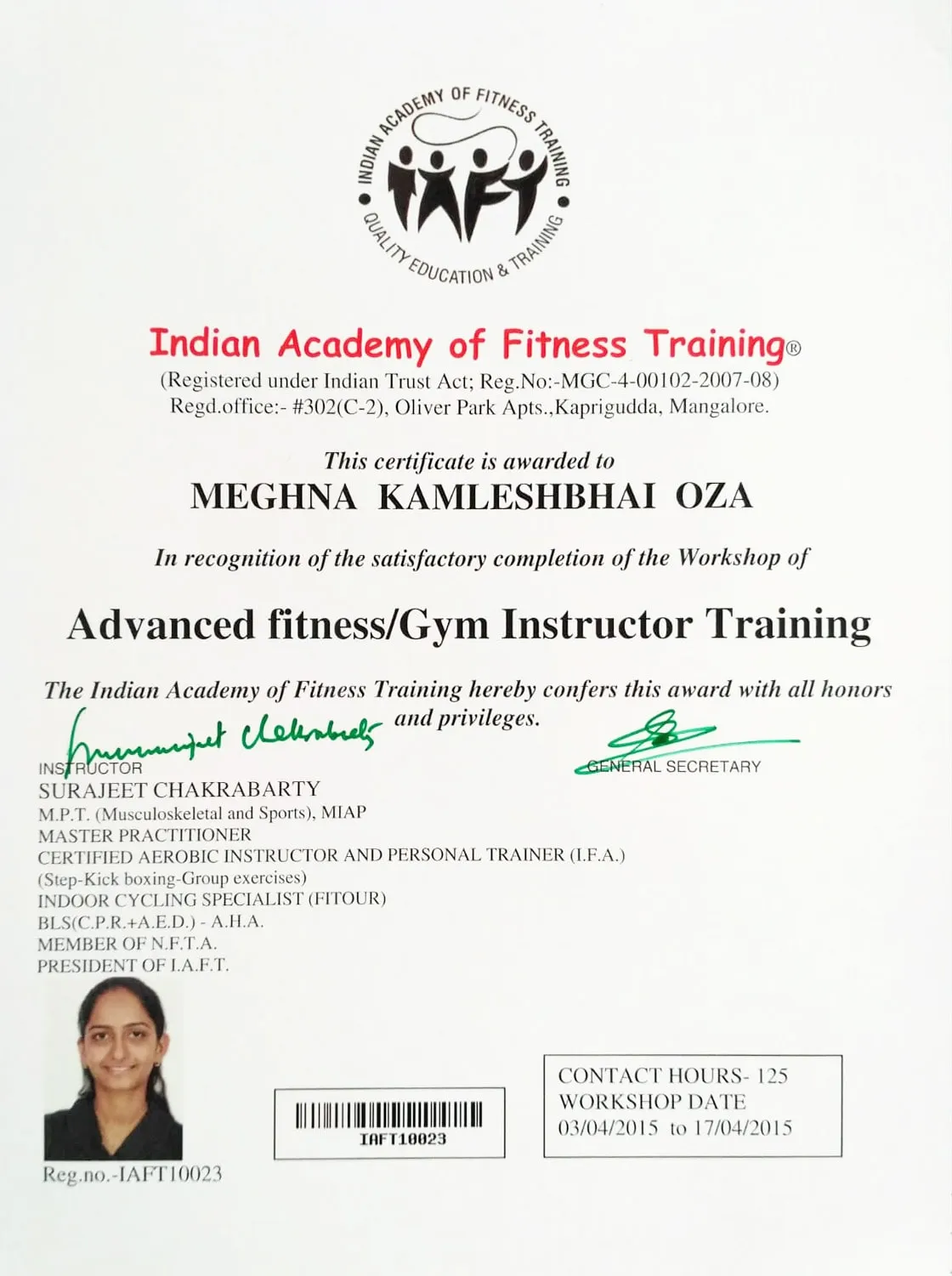 Advanced fitness and gym instructor training certificate from the Indian Academy of Fitness Training