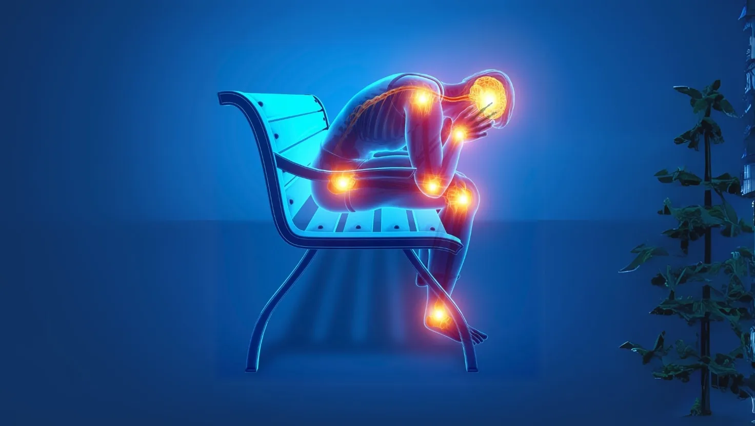 Illustration of a seated person with pain highlighted in the neck, back, shoulders and knees