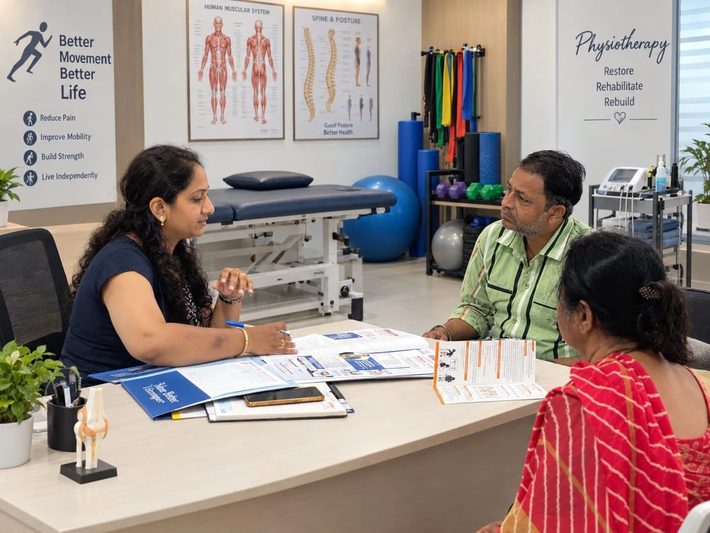 Dr. Meghna Oza explaining a treatment plan to an older couple across her consultation desk